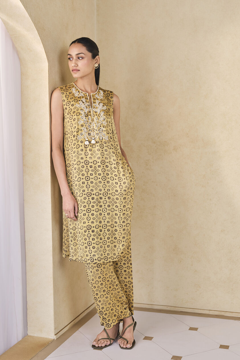 Leafbird Handcrafted Ajrakh Co-ord - Yellow, Yellow, image 4